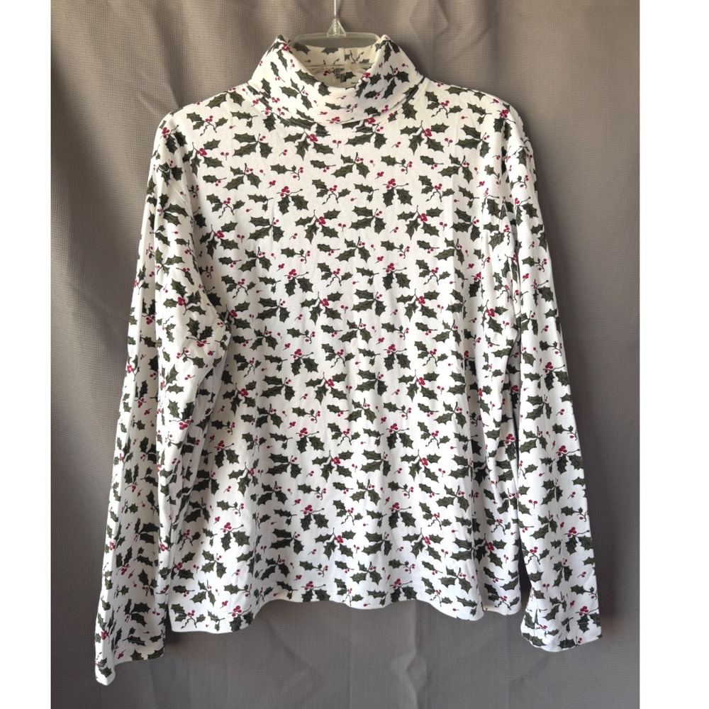 Y2K Grandma Holiday Studio Works Turtleneck Holly Berry Print Festive Large